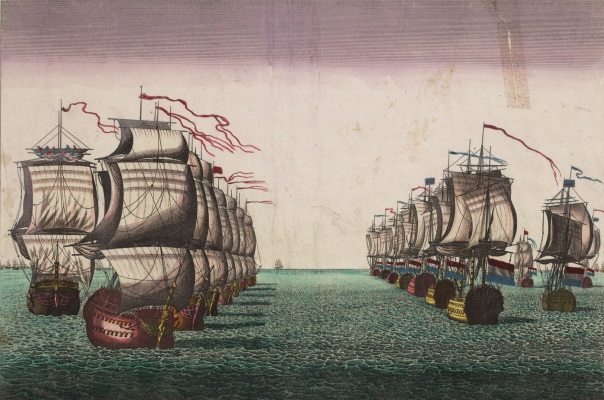 Prent met daarop waarschijnlijk uitgebeeld de Slag bij de Doggersbank ten tijde van de Vierde Engels-Nederlandse Oorlog, 1781